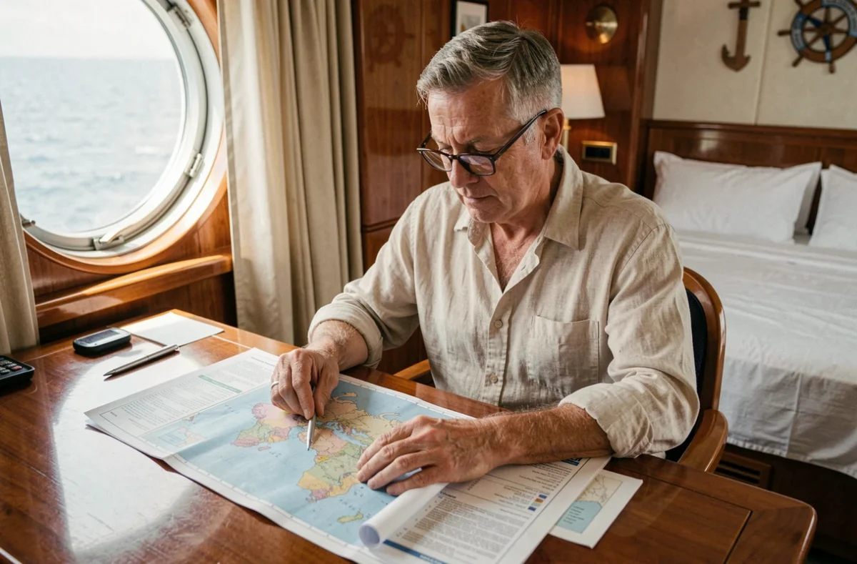 Voyageur senior planifiant son itinéraire de croisière tour du monde dans une cabine de luxe avec carte maritime