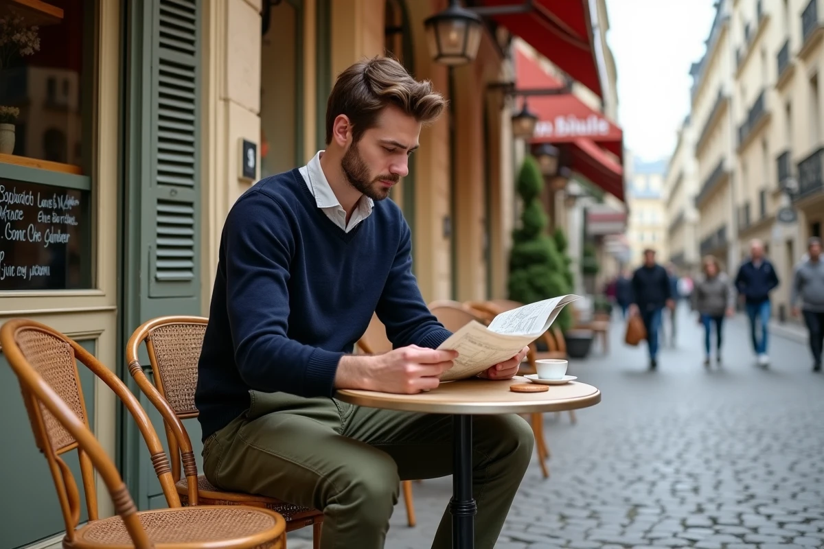 Voyageur consultant une carte dans un café de rue typique à Paris avec terrasse en cobblestones