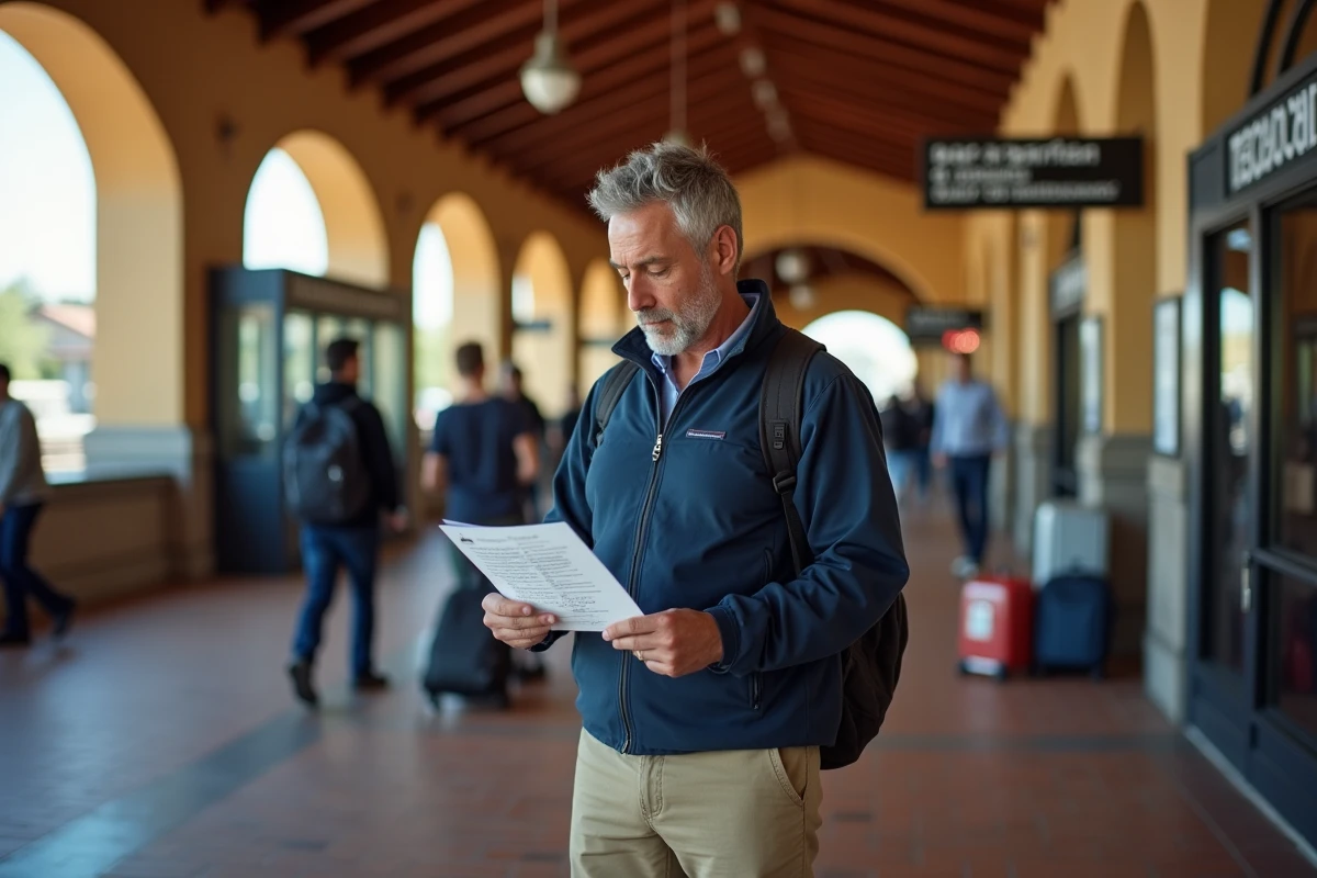 Voyageur consultant son itinéraire à un guichet de gare ferroviaire californienne pour un trajet longue distance