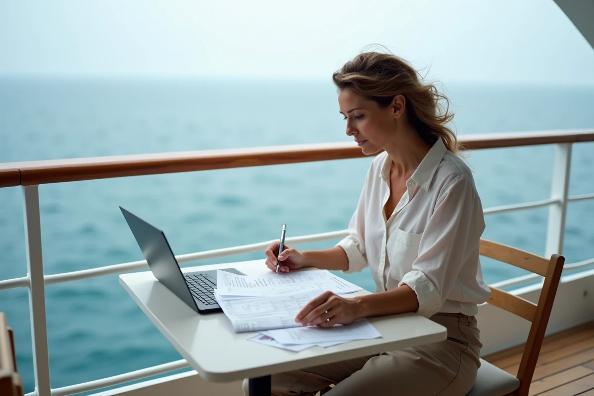 Voyageuse seule analysant des documents de budget sur le pont d'un navire de croisière autour du monde