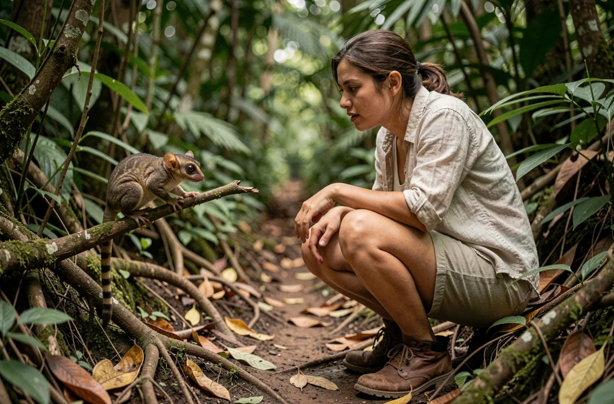 Une voyageuse observant un tarsier de près sur un sentier forestier du site de conservation de Corella aux Philippines