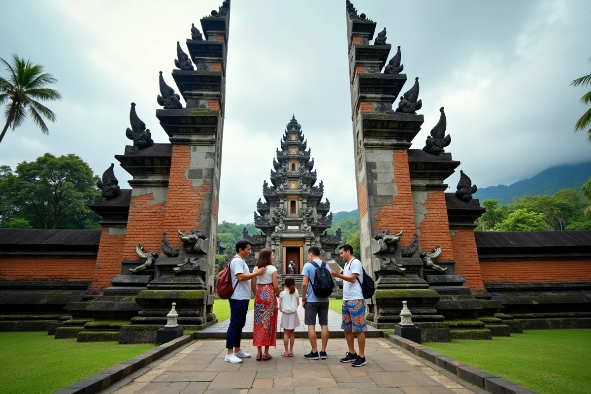 Vue d'ensemble du temple royal Taman Ayun avec une famille de touristes à l'entrée, pagodes et jardins balinais