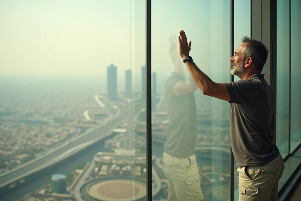 Touriste admirant la vue panoramique de Dubaï depuis la terrasse d'observation At The Top du Burj Khalifa