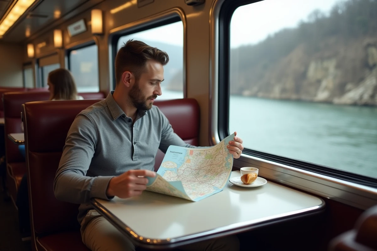 Homme consultant une carte du nord-est américain dans le wagon-restaurant d'un train entre Montréal et New York avec vue sur la vallée de l'Hudson
